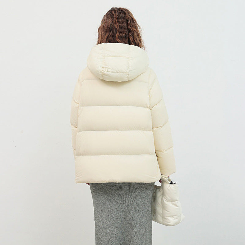 Off-white hooded short puffer jacket with quilted horizontal baffles