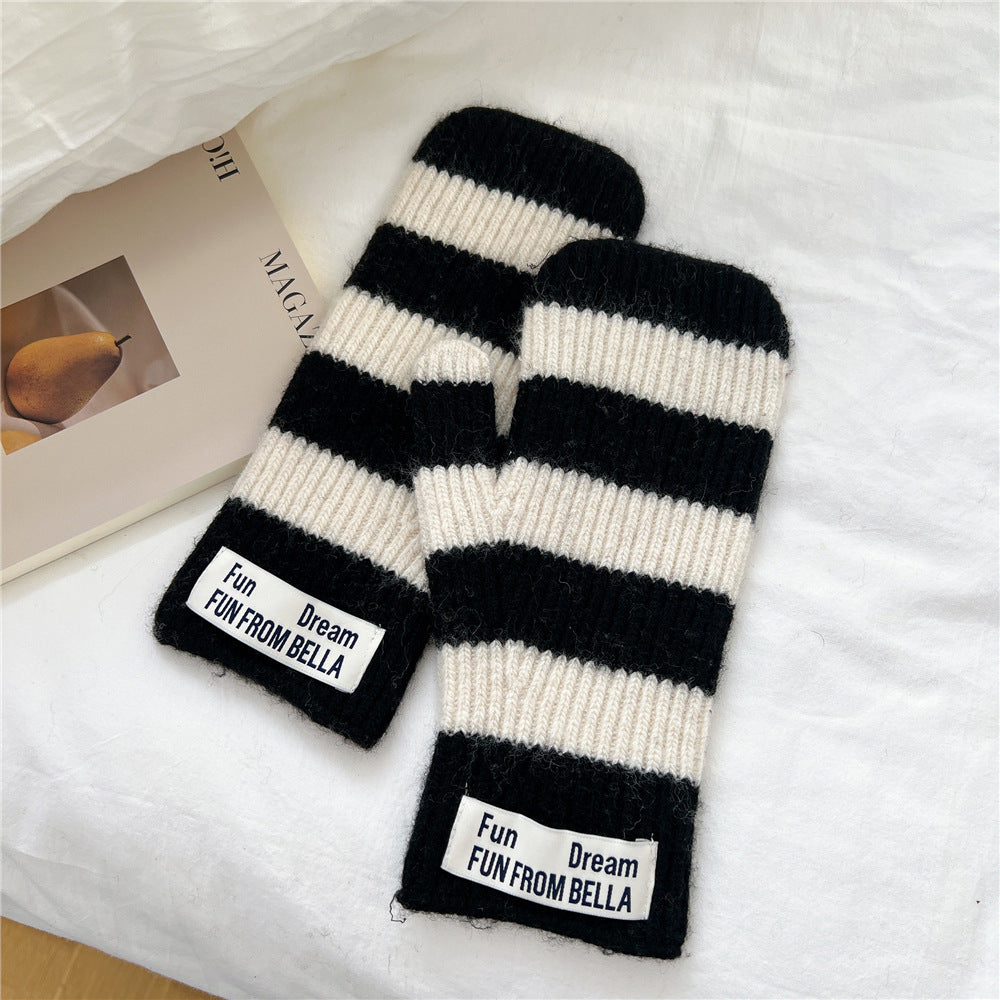 Striped knit wool two-finger gloves, black and cream/white horizontal stripes