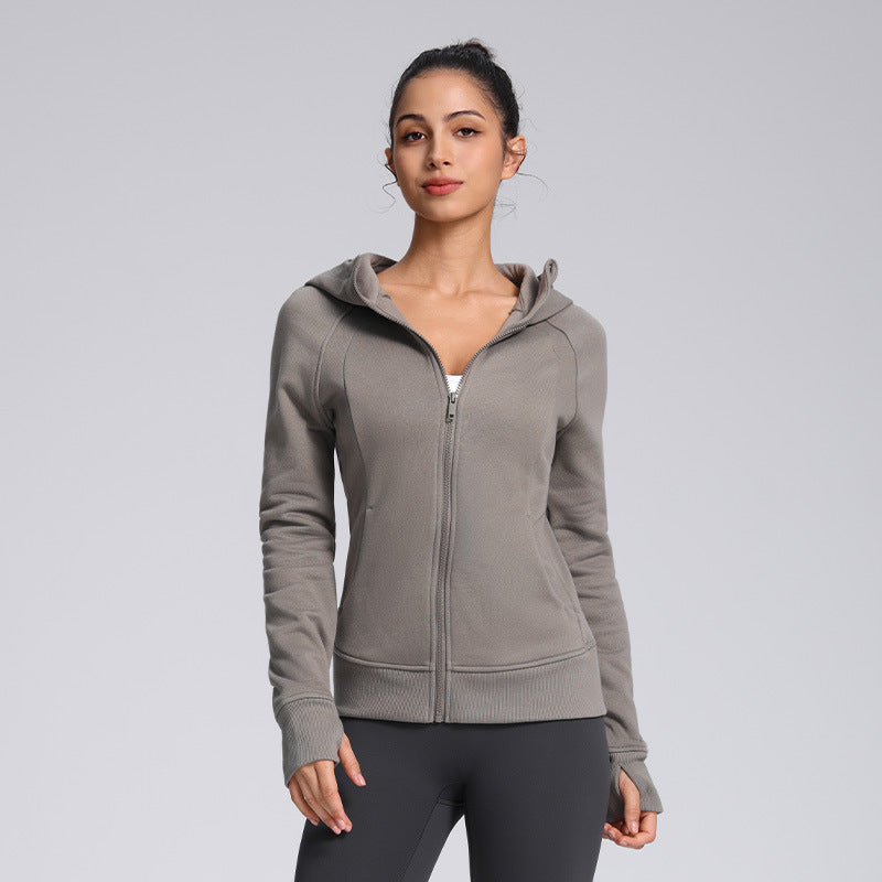 Gray zip-up hooded jacket with front zipper and side pockets