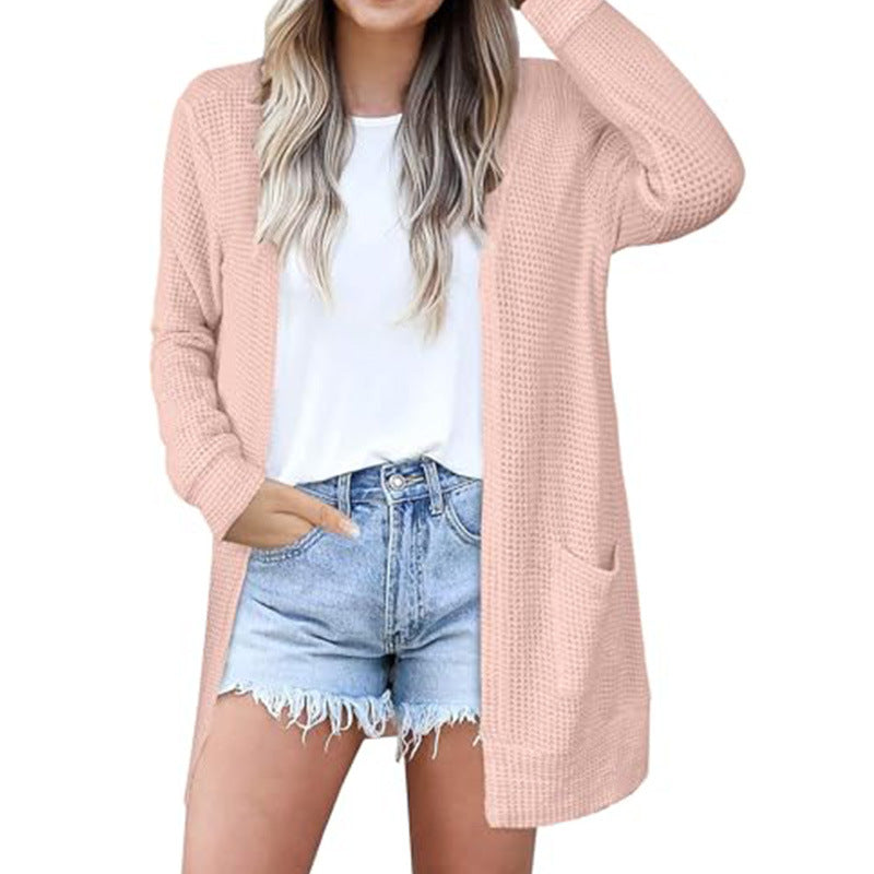 Waffle Knit Open Front Cardigan for Women — Long Lightweight Layer with Pockets in Cotton Blend
