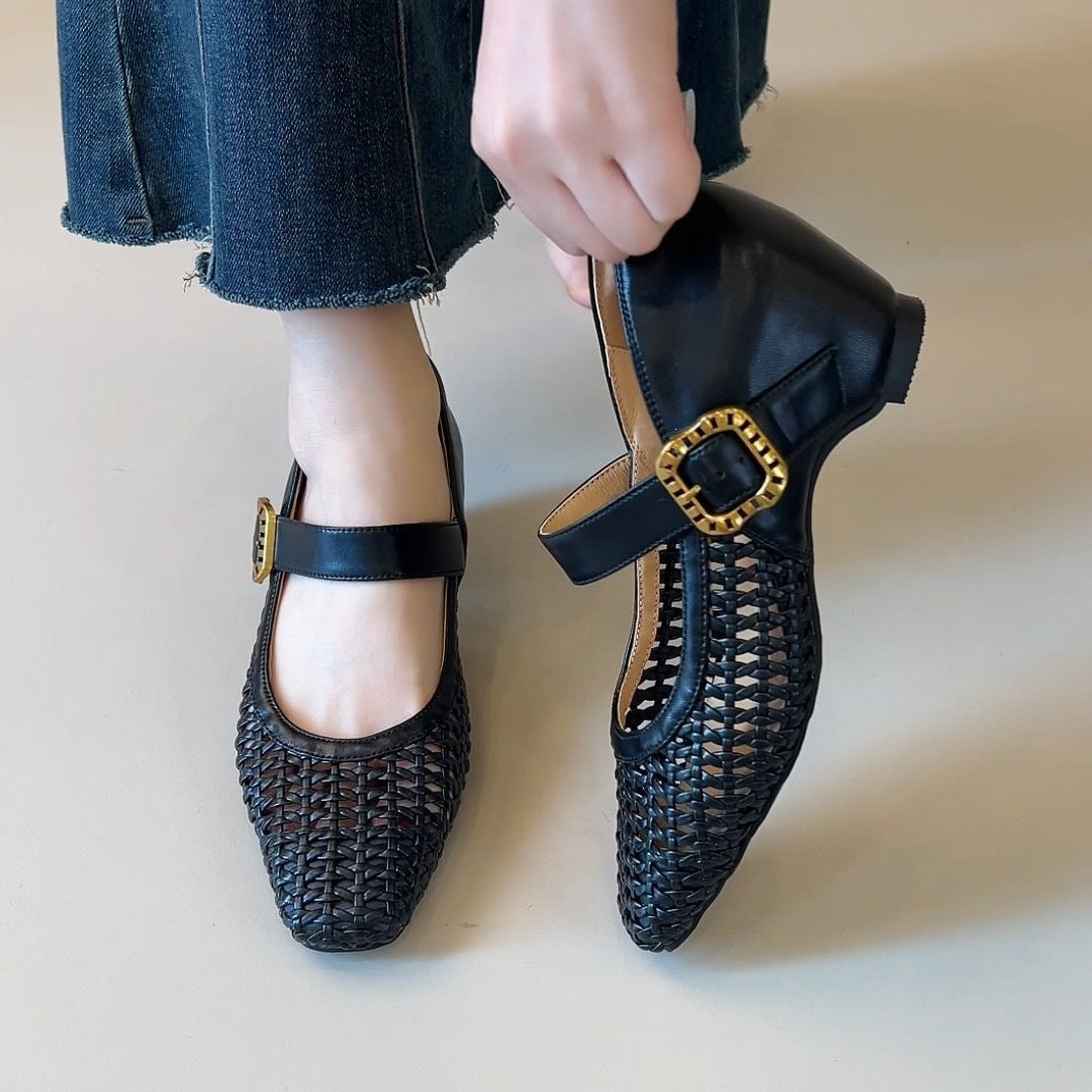 Black woven Mary Jane flats with square toe, single strap, gold buckle detail