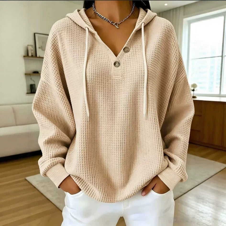 Women\u2019s waffle-knit drawstring hoodie with henley button placket, beige hood and long sleeves