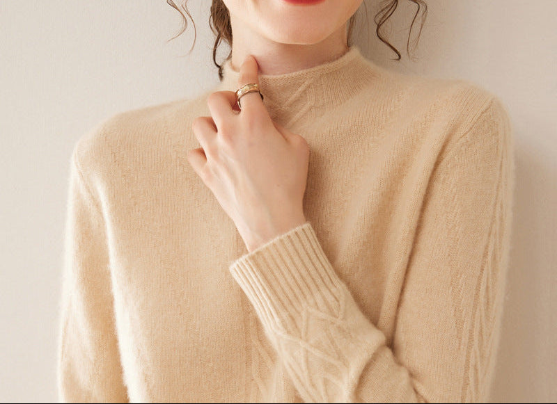 Mock Neck Sweater for Women — Cable Knit Pullover in Soft Merino Wool Blend