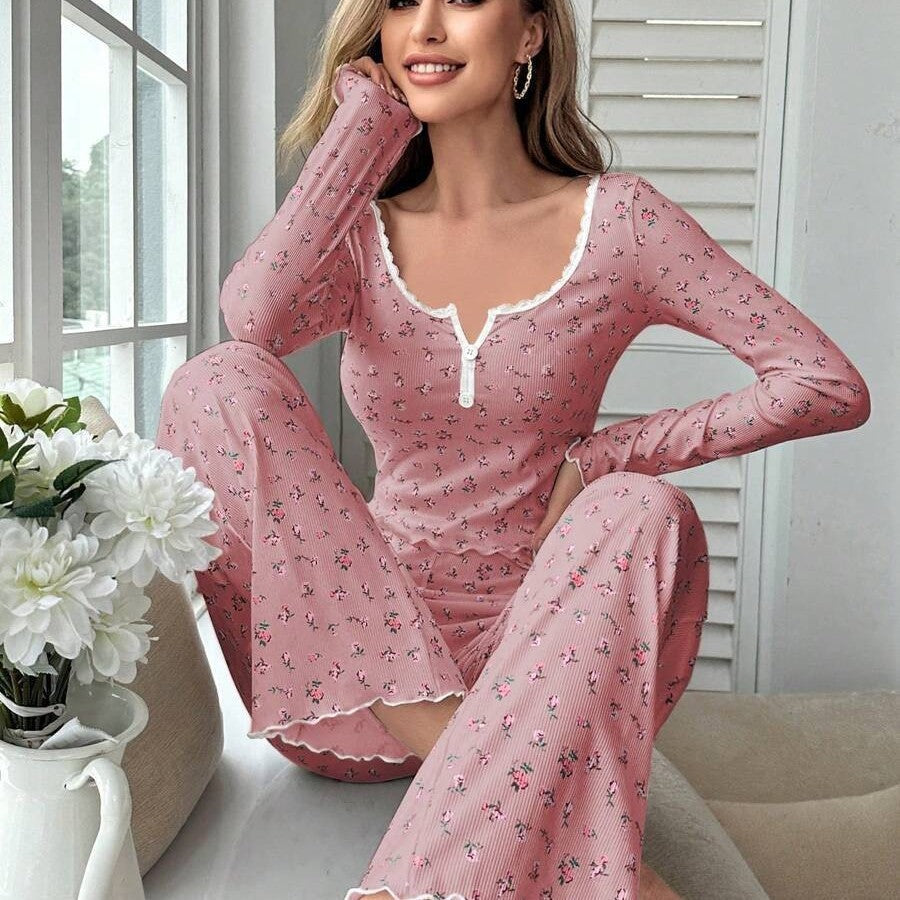 Women’s dusty-rose floral pajama set with long sleeves, button front, and matching pants