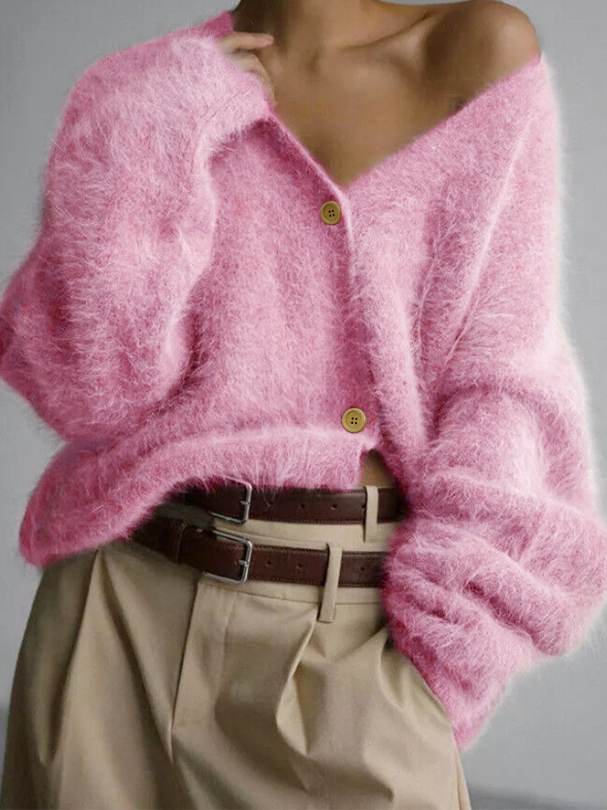 Fuzzy knit V-neck cardigan with long sleeves and button front, dusty pink