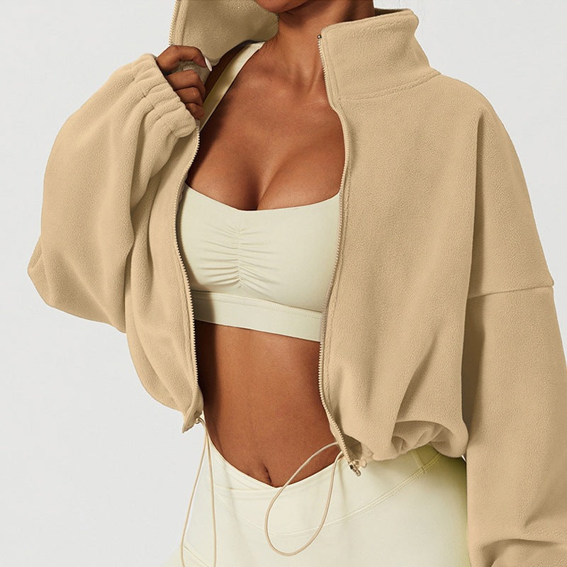 Women’s fleece-lined jacket in beige, full-zip stand collar, gathered hem and cuffs