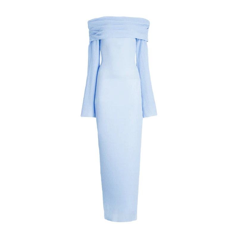 Light blue off-shoulder knit midi dress with draped neckline and flared sleeves