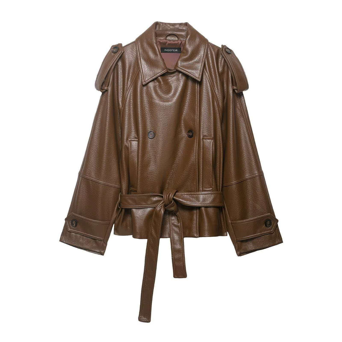 Brown pebbled leather short double-breasted belted motorcycle jacket, studio close front