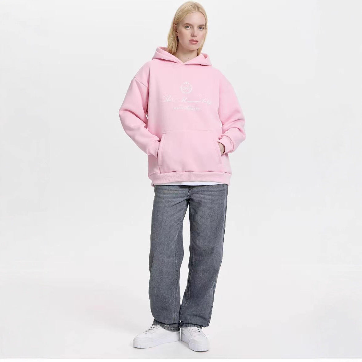 Pink velvet hooded sweatshirt with kangaroo pocket and chest logo graphic