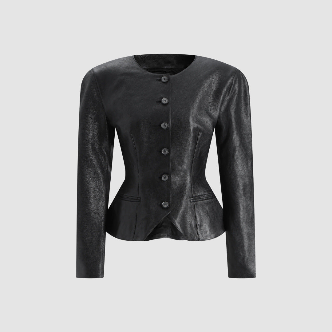 Women’s black leather jacket, button front and peplum hem, long sleeves.