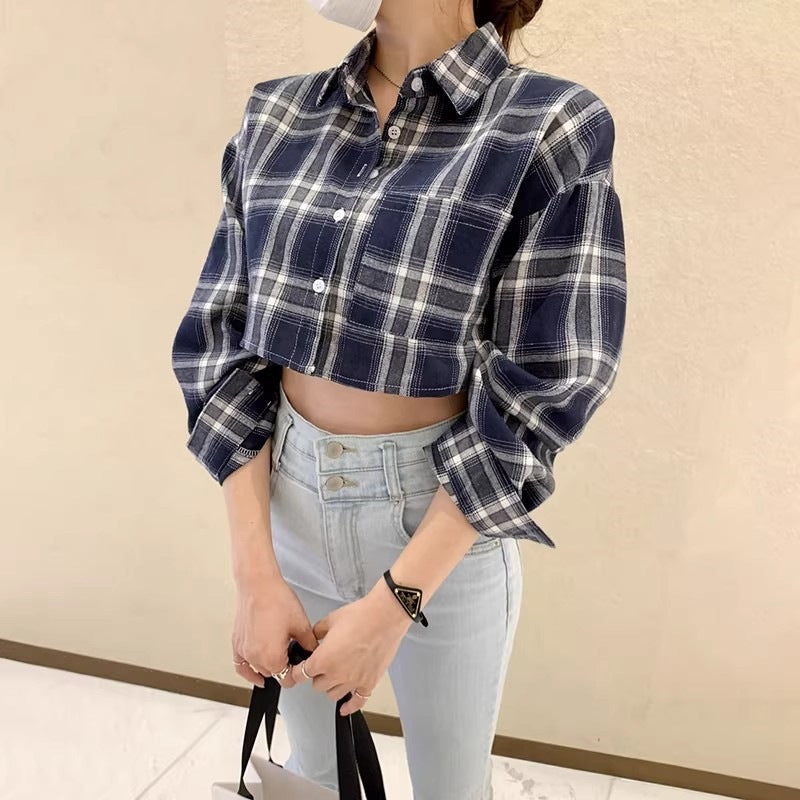 Cropped Plaid Shirt for Women — Button Front Drop Shoulder Layering Top in Cotton