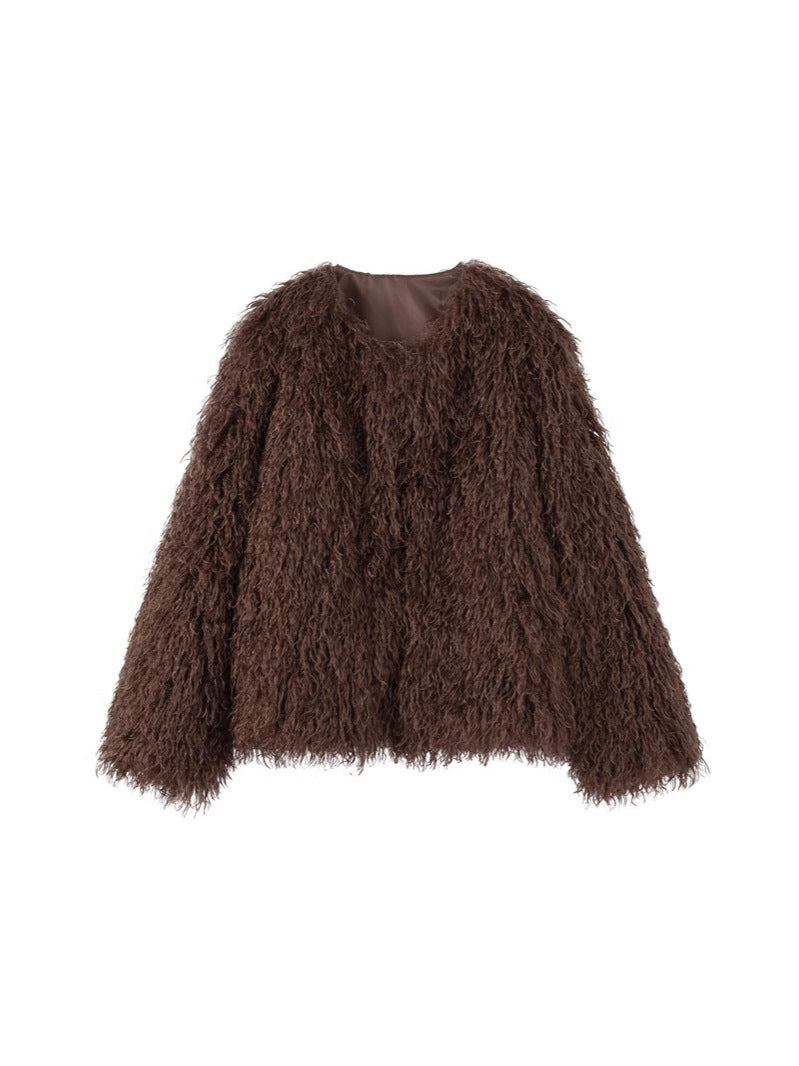 Brown shaggy faux fur jacket coat, long sleeves, short length