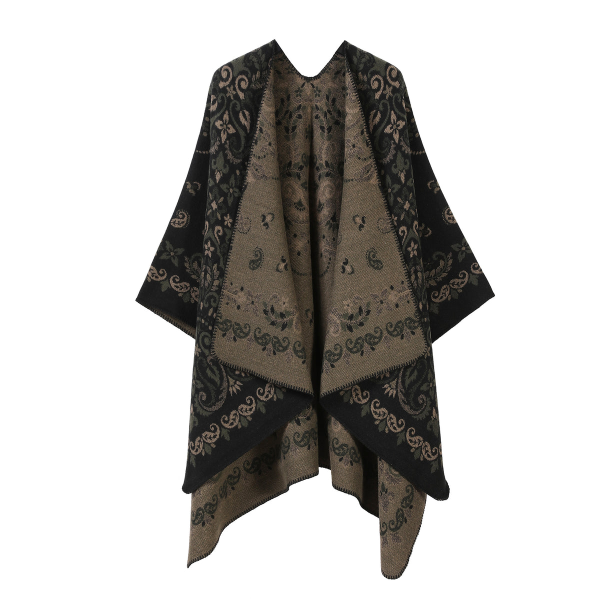 Women’s patterned split cape shawl in dark brown and beige with ornate paisley print