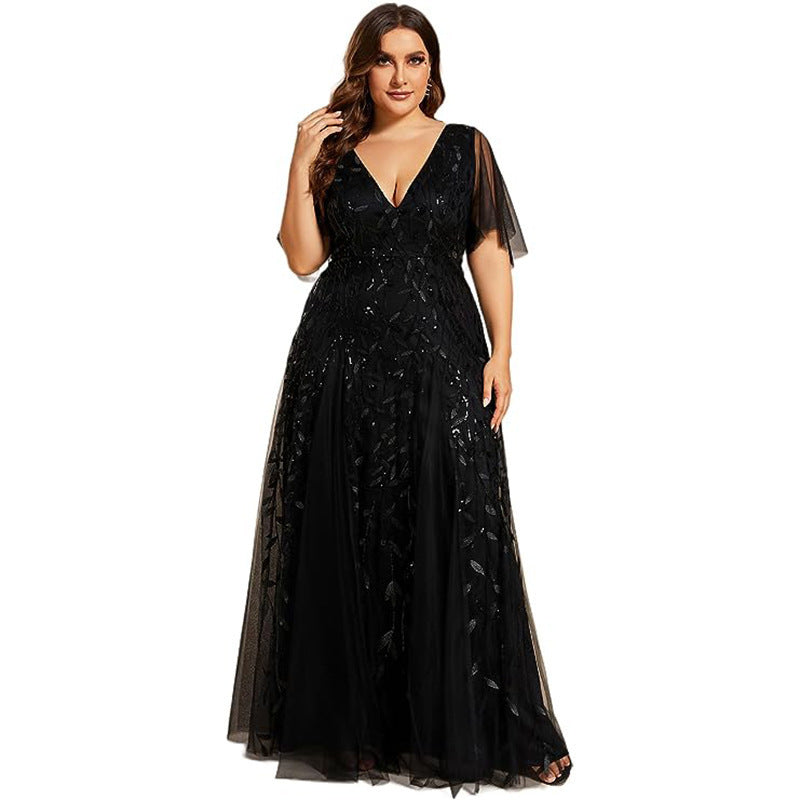 Sequined mesh fishtail gown, black, V-neck short sleeves, embellished bodice