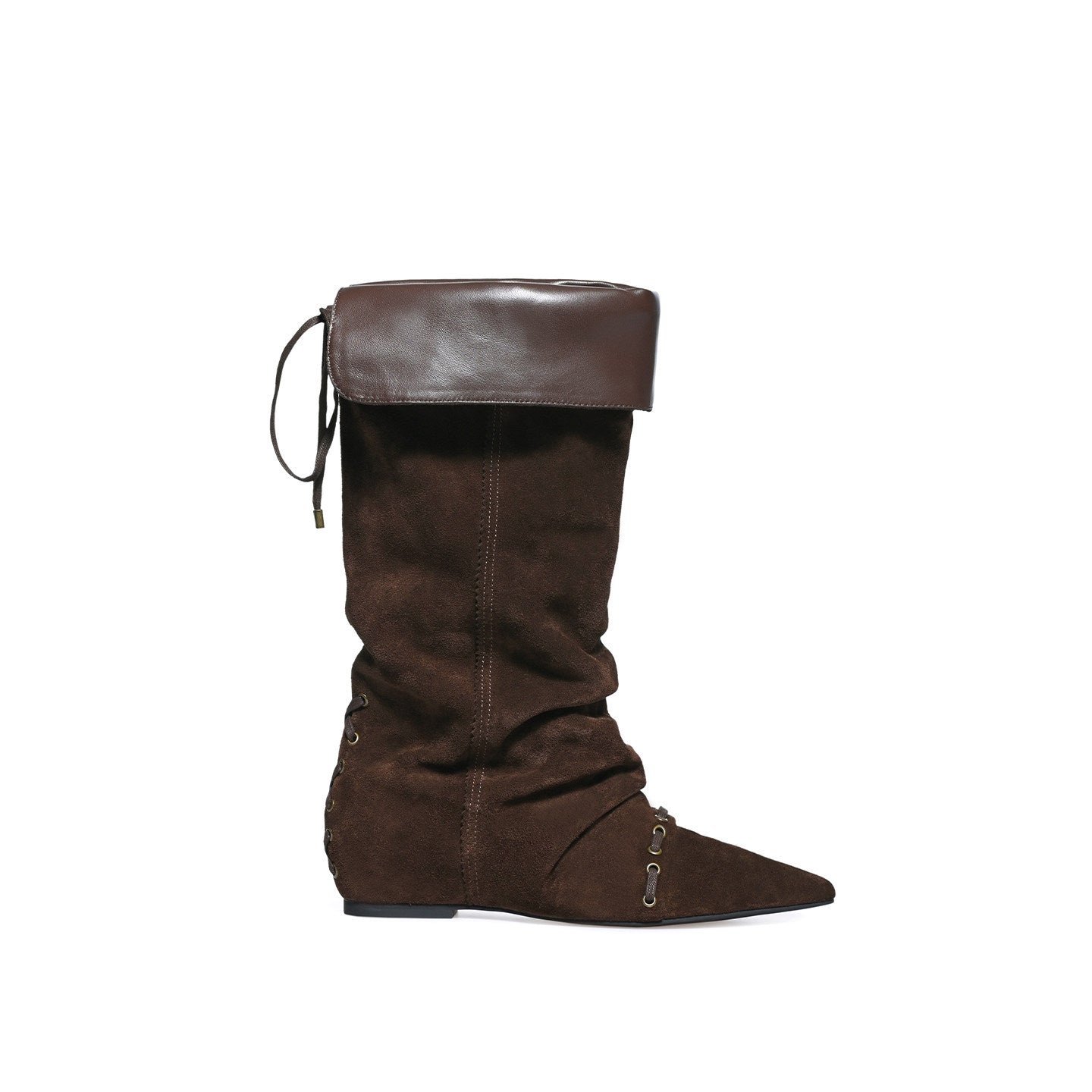 Dark brown knee-high slouch boots, pointed toe, side strap with metal eyelets