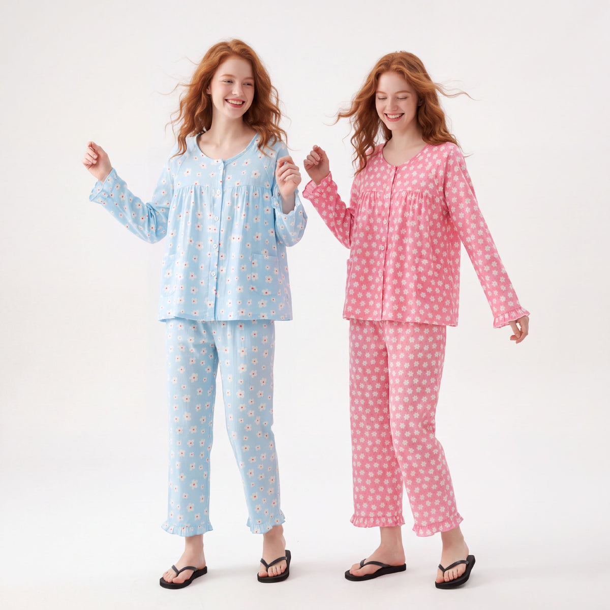 Women’s floral cotton pajama set, pink and light blue long raglan cardigan with pants