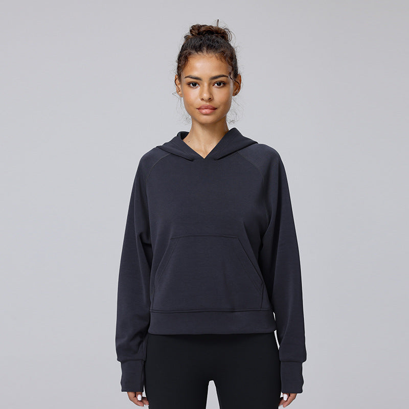 Black hooded pullover sweatshirt with kangaroo pocket and long sleeves