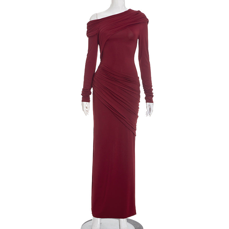 Wine red off-shoulder pleated long dress on mannequin with long sleeves