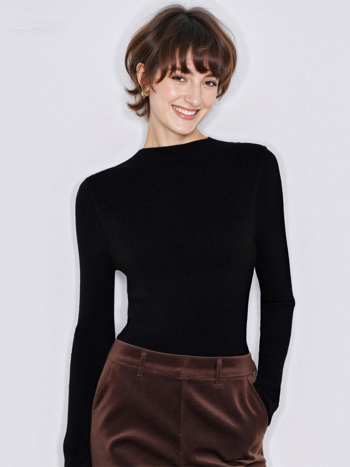 Black half turtleneck wool knit sweater with long sleeves