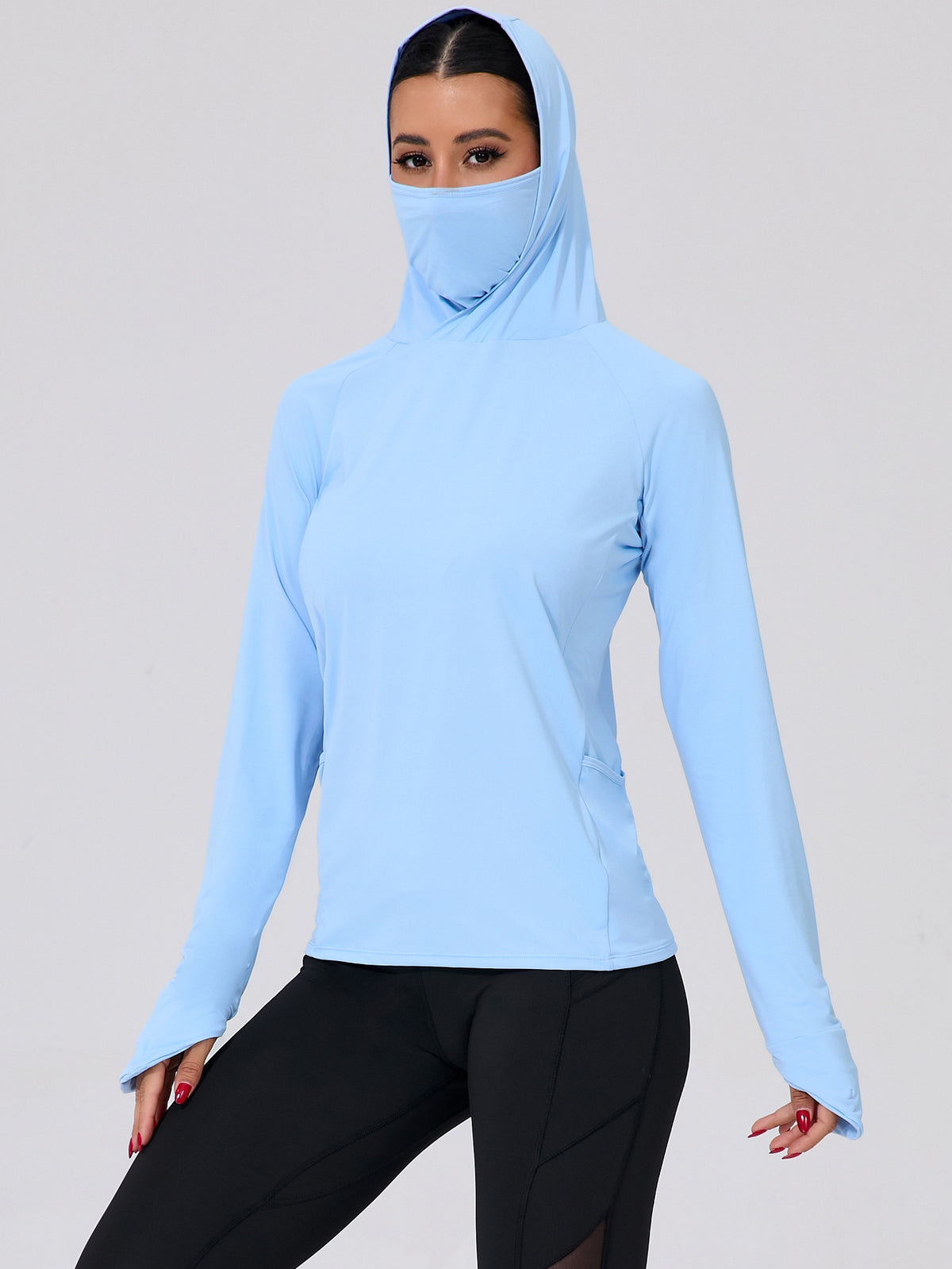 Light blue women’s UPF hooded sun jacket with face-covering neck, long sleeves