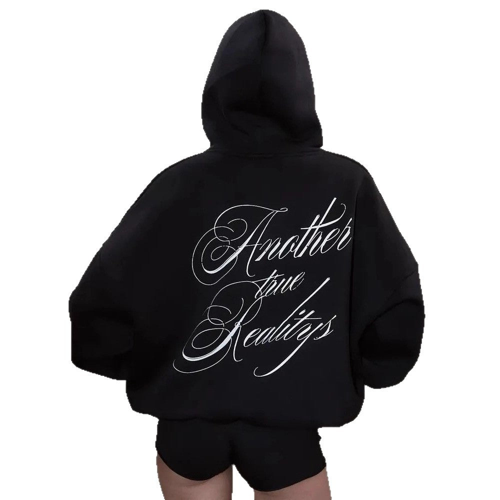 Black women's hoodie with oversized hood and large white script across the back