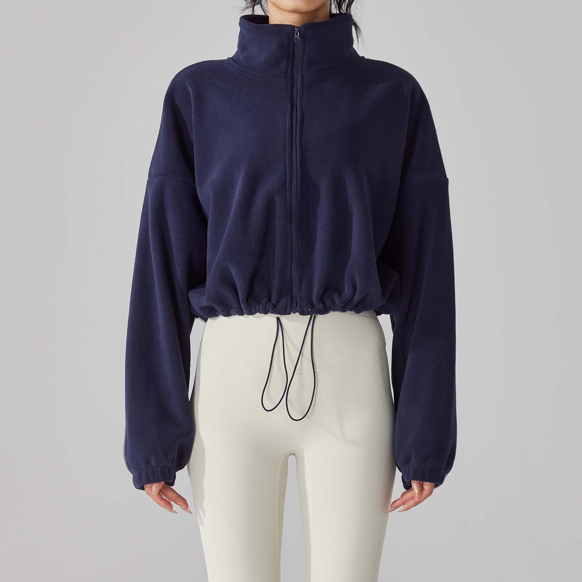 Cropped Fleece Jacket for Women — Zip Up Stand Collar with Drawstring Hem