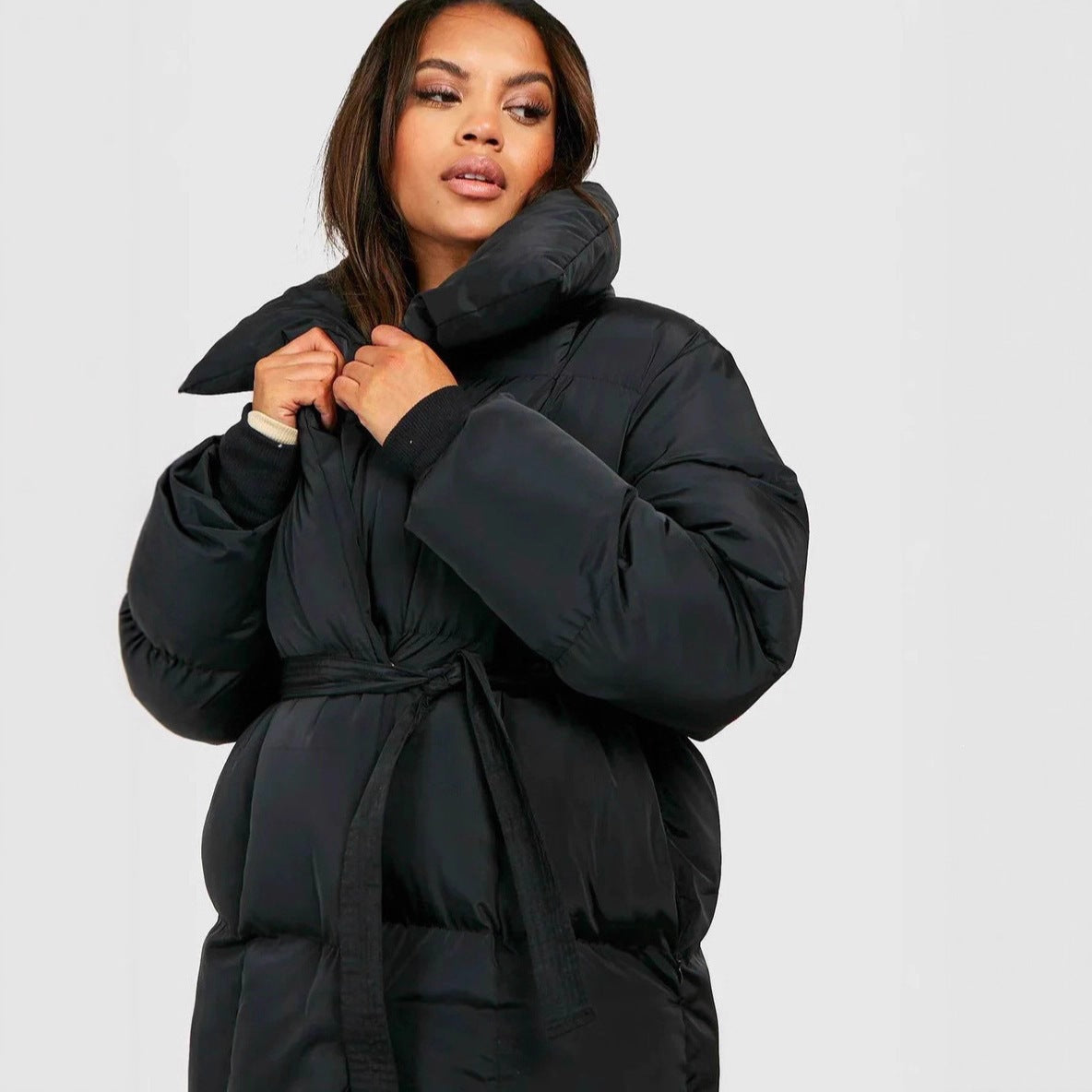 Women's cotton puffer coat, black hooded belted waist, long padded sleeves