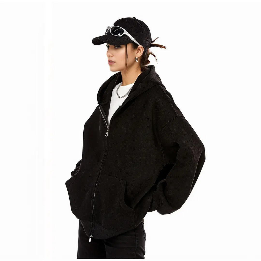 Black zip-up hoodie sweatshirt with front zipper, drawcord hood, and side pockets.