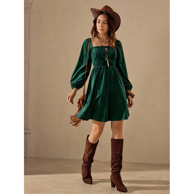 Dark green corduroy square-neck mini dress with long lantern sleeves and gathered skirt