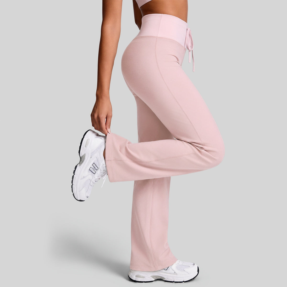 Women's loose drawstring straight pants, blush pink, high rise, wide leg