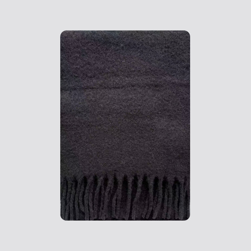 Wool-blend tassel scarf, dark gray, thick knit with fringed trim