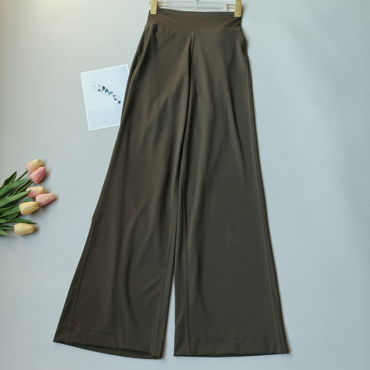 Army green high-waisted wide-leg yoga pants, full-length relaxed drape