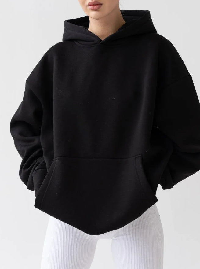 Black women’s hooded sweatshirt with front kangaroo pocket and loose long sleeves