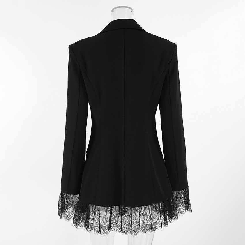 Back view of black wool blazer mini dress with feather-trim hem
