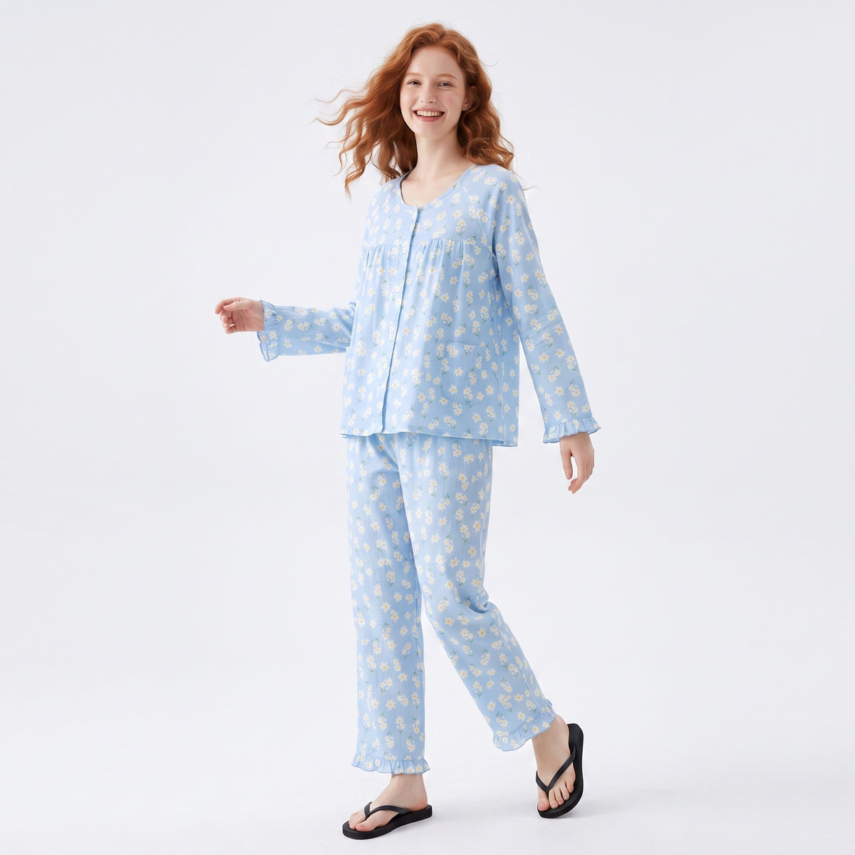 Women’s floral cotton pajama set, light blue long raglan cardigan top and pants
