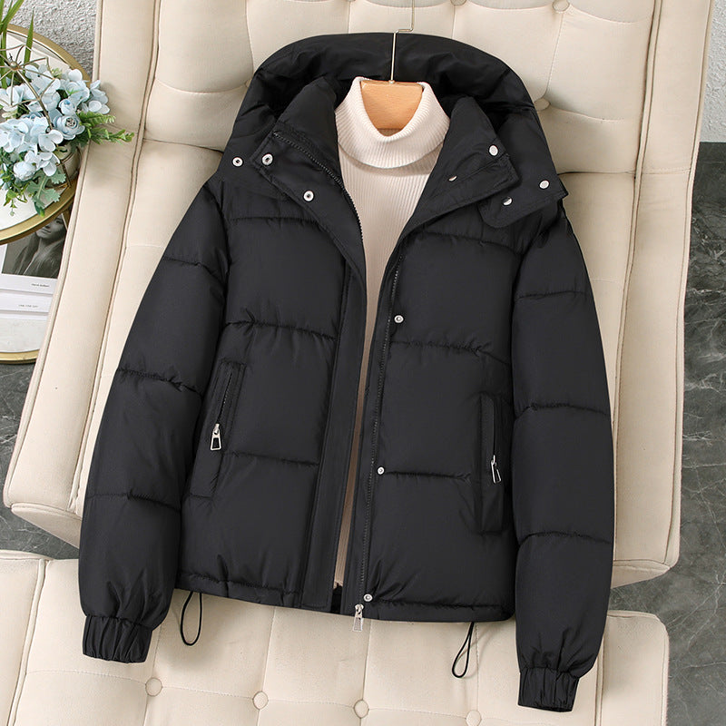 Women’s hooded short puffer jacket, black, full zip with snap placket and side zipper pockets