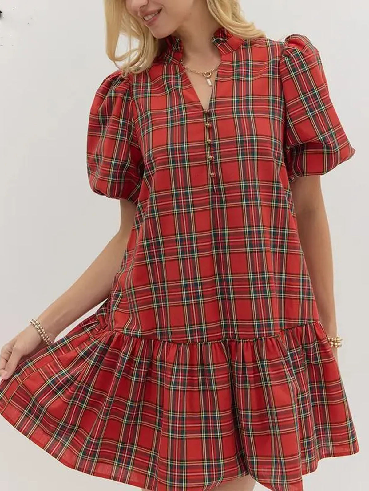 Red plaid short-sleeve dress with V-neck button placket and gathered tiered skirt