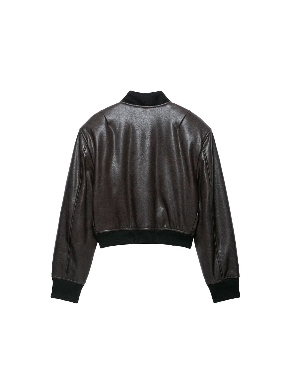 Back view of a black leather-effect bomber jacket with ribbed hem, collar, and cuffs