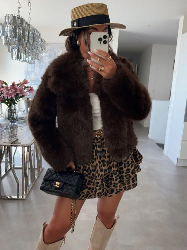 Brown faux fur short cardigan jacket with high neck and open front