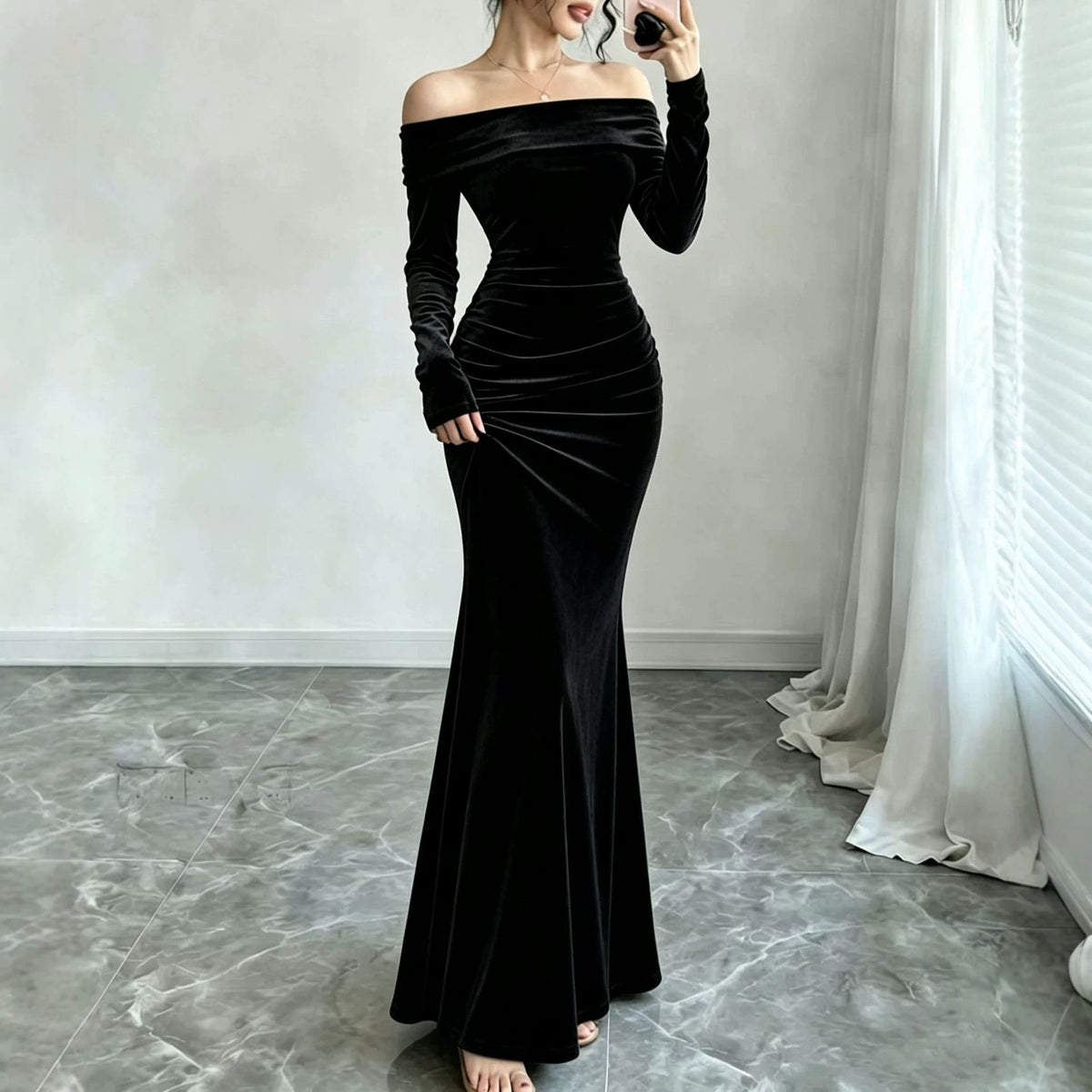 Velvet Maxi Dress with Off Shoulder Neckline — Long Sleeve Mermaid Evening Gown