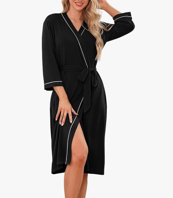 Black kimono robe with V-neck and tied waist, 3/4 sleeves, front slit