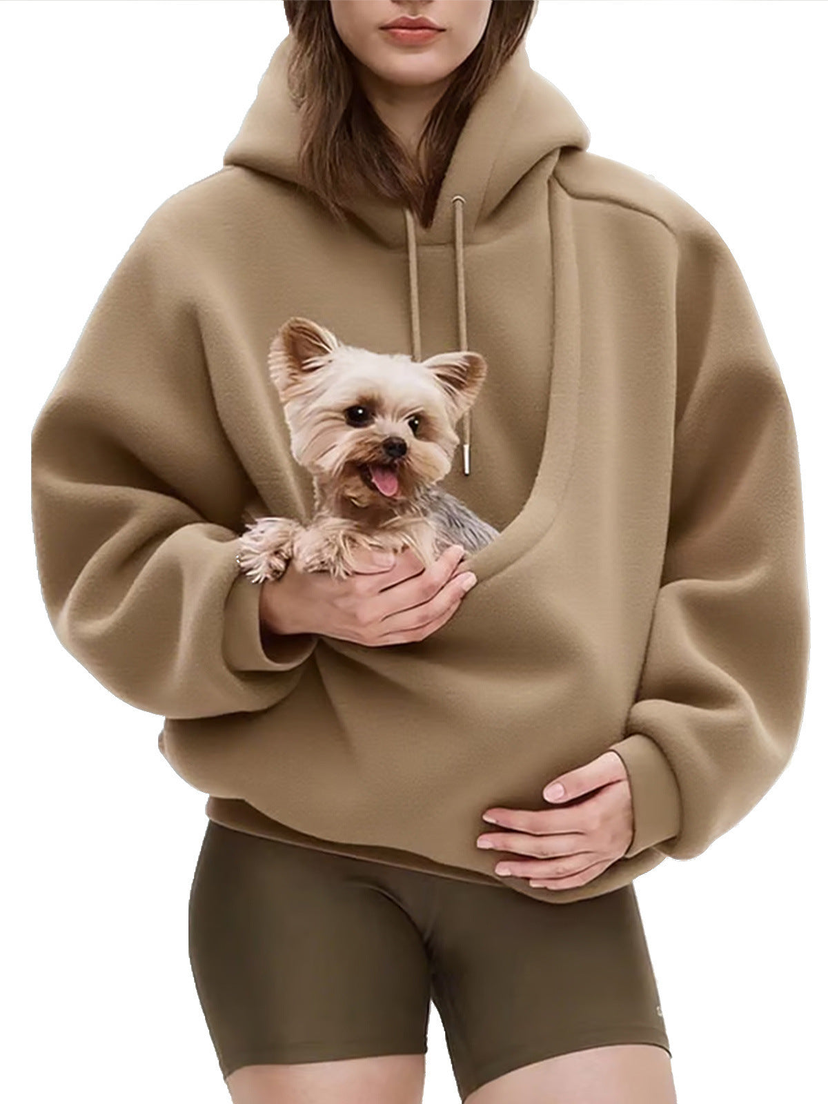 Khaki hooded plush sweatshirt with front pouch pocket and dog
