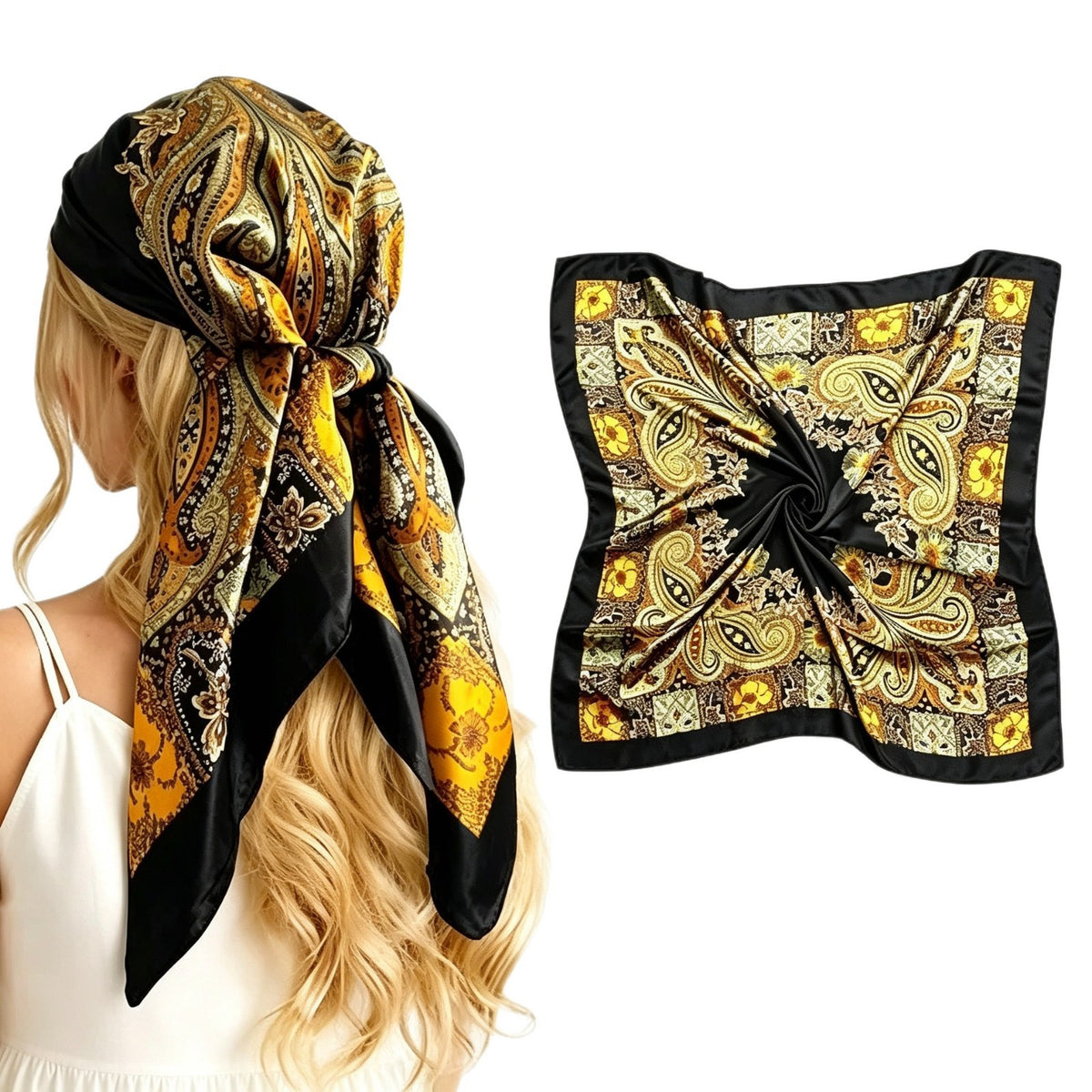90cm satin square scarf in black and gold paisley floral print, knotted headscarf