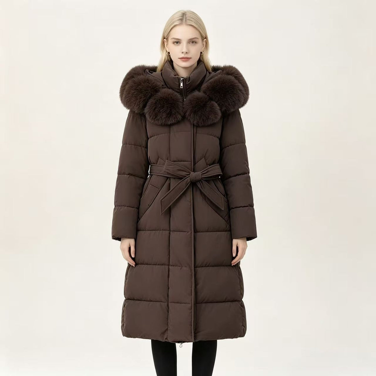 Women's hooded padded cotton coat, dark brown with faux fur collar and tie belt