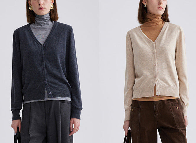 Women's V-neck knit cardigan, dark gray and beige, button front, long sleeves