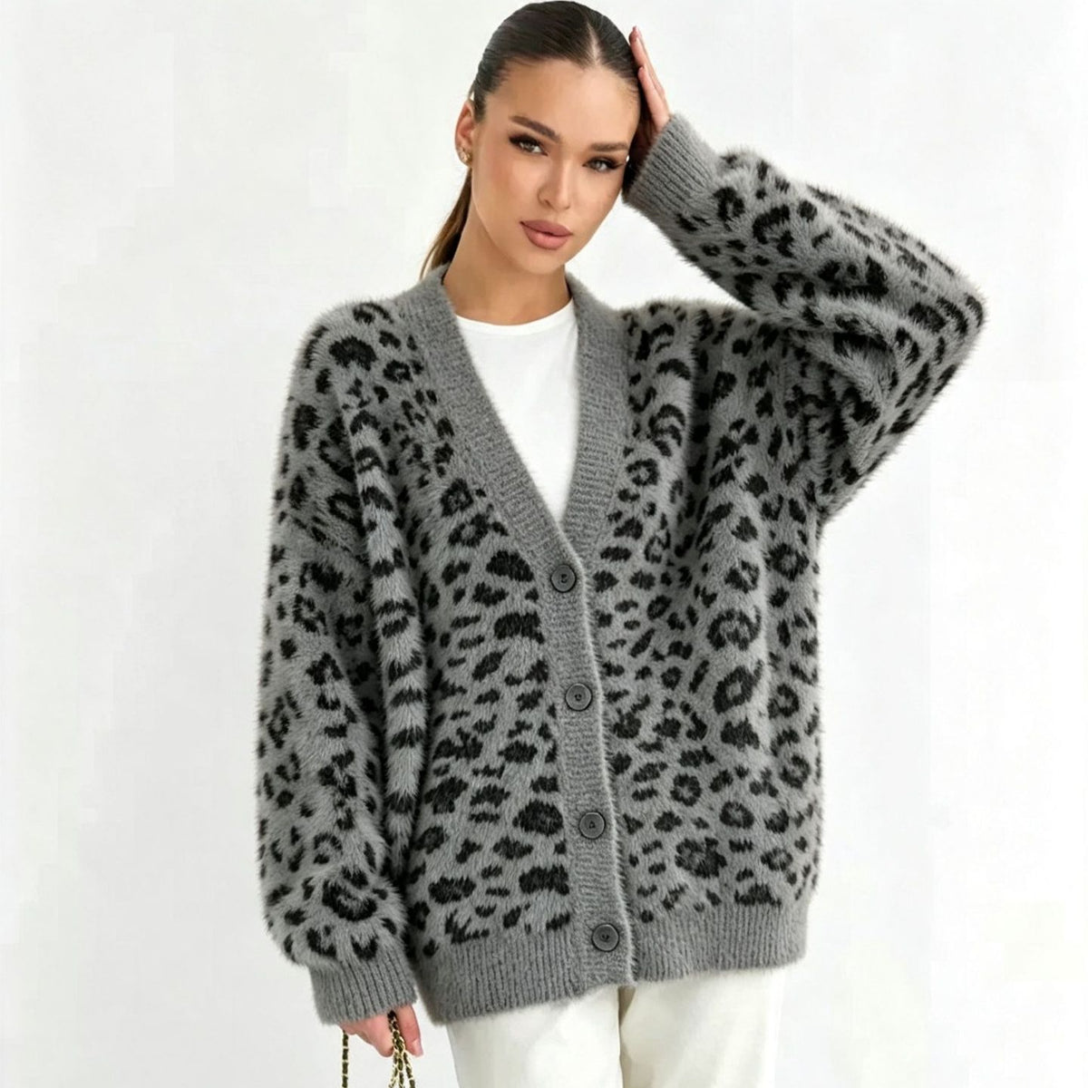 Women’s leopard print knitted cardigan with V-neck and button front, light gray and black