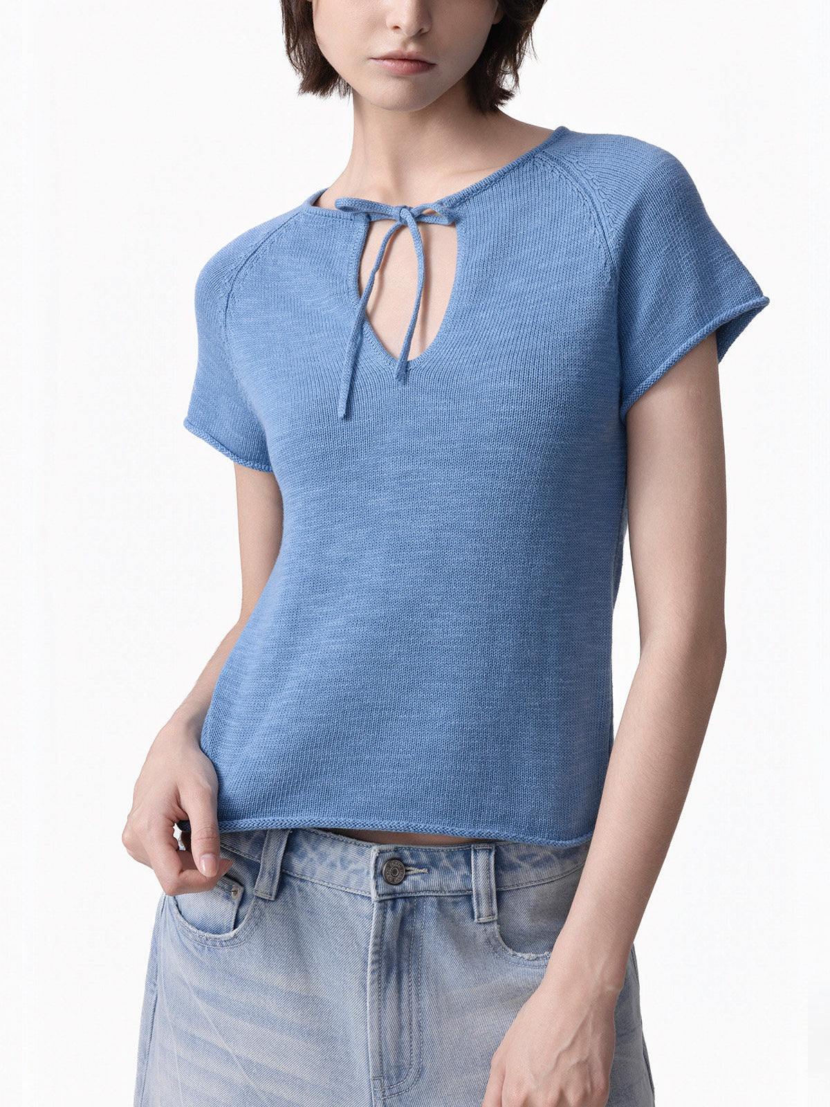 Short Sleeve Knit Top — Slim Fit with Keyhole Tie Neck and Rolled Edges in Linen