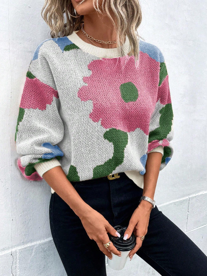 Women’s knitted pullover sweater, round neck, long sleeves, cream with pink and green camo pattern
