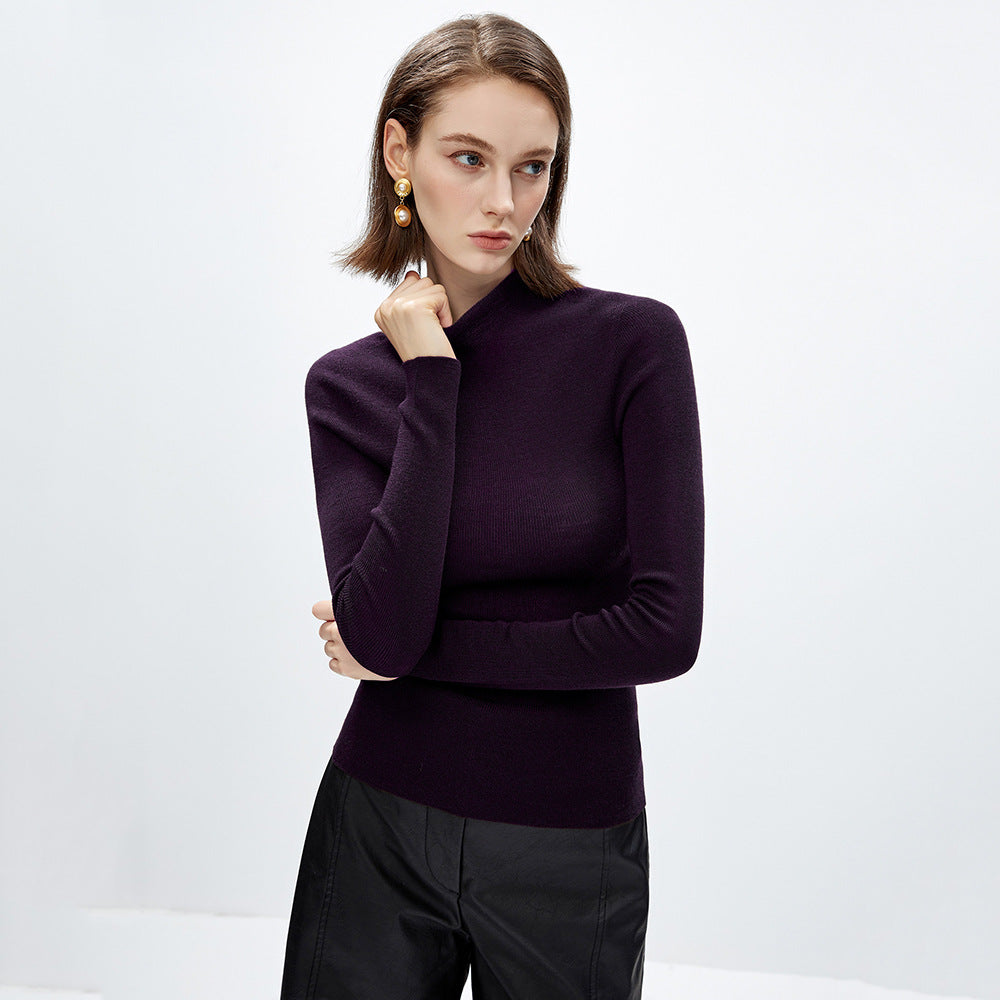 Dark purple seamless merino wool knit sweater with semi-high collar, thin long sleeves