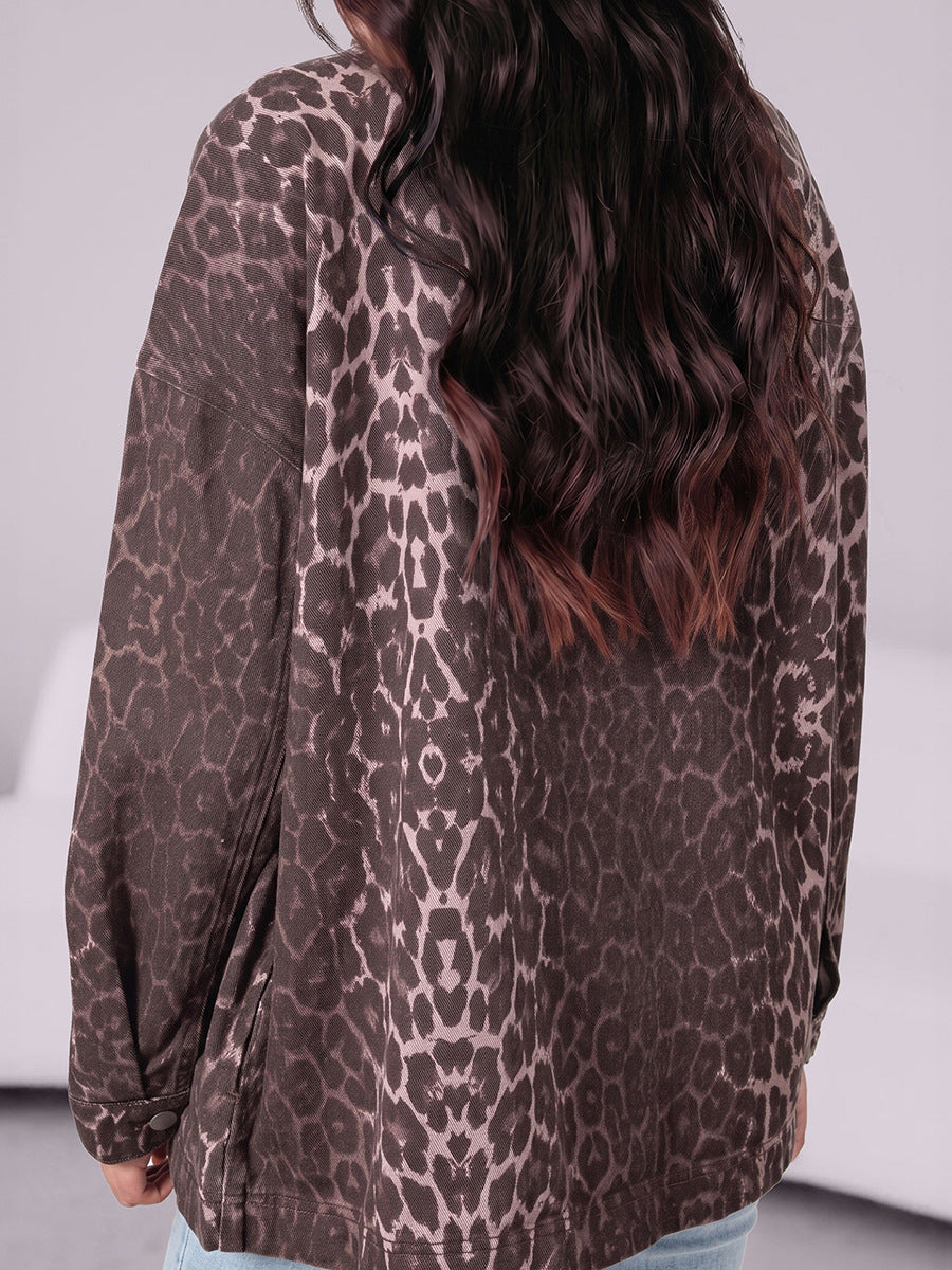 Leopard print denim jacket with long sleeves and curved hem, back view
